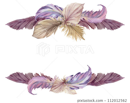 Hand drawn watercolor bird feather plume quill boho tribal ethnic indian beige. Horizontal frame isolated on white background. Design charm, amulet, dreamcatcher, scrapbooking, handmade craft, tattoo Hand drawn watercolor bird feather plume quill boho tribal ethnic indian beige. Horizontal frame isolated on white background. Design charm, amulet, dreamcatcher, scrapbooking, handmade craft, tattoo 112012562