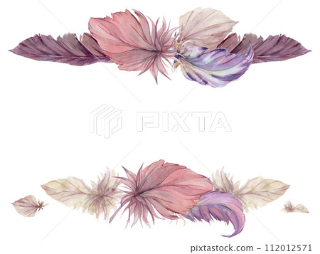 Hand drawn watercolor bird feather plume quill boho tribal ethnic indian purple. Horizontal frame isolated on white background. Design charm, amulet, dreamcatcher, scrapbooking, handmade craft, tattoo Hand drawn watercolor bird feather plume quill boho tribal ethnic indian purple. Horizontal frame isolated on white background. Design charm, amulet, dreamcatcher, scrapbooking, handmade craft, tattoo 112012571