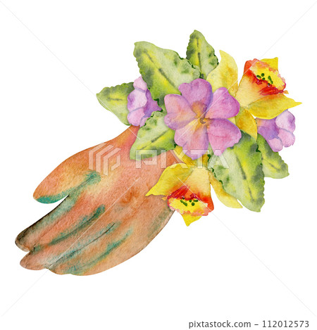 Hand drawn watercolor illustration spring gardening wear, brown leather gloves with flowers and leaves. Composition isolated on white background. Design print, shop, scrapbooking, packaging, decoupage Hand drawn watercolor illustration spring gardening wear, brown leather gloves with flowers and leaves. Composition isolated on white background. Design print, shop, scrapbooking, packaging, decoupage 112012573