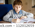 Upset school kid boy making homework during quarantine time from corona pandemic disease. Crying and sad boy frustrating staying at home. 112012659