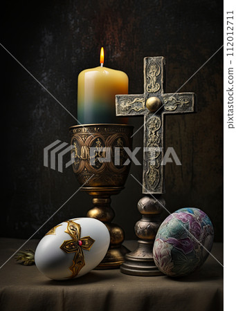 Ornate Easter eggs, decorated cross with candle burning in background. Ai generative 112012711