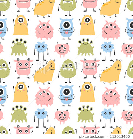 Childish seamless pattern with cute monster. Vector illustration. Kids print in Scandinavian style. Flat style. Childish seamless pattern with cute monster. Vector illustration. Kids print in Scandinavian style. Flat style. 112013400
