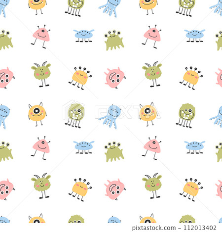 Childish seamless pattern with cute monster. Vector illustration. Kids print in Scandinavian style. Flat style. Childish seamless pattern with cute monster. Vector illustration. Kids print in Scandinavian style. Flat style. 112013402