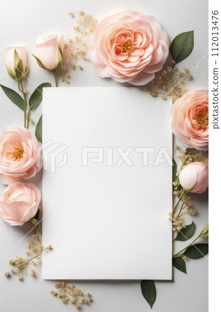 Blank paper wedding greeting card with flowers peach fuzz colors on of pastel background. 112013476