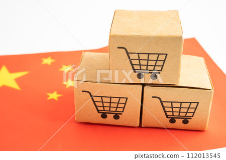 Box with shopping online cart logo and China flag, Import Export Shopping online or commerce finance delivery service store product trade, supplier. Box with shopping online cart logo and China flag, Import Export Shopping online or commerce finance delivery service store product trade, supplier. 112013545