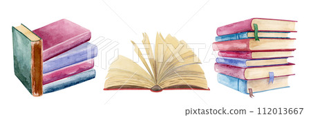 Nice cute and warm watercolor vintage book stacks and one old yellow paged opened book 112013667