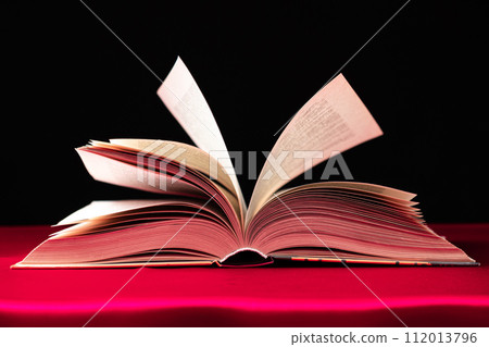 Pages of a thick book are turned on a pink and black background 112013796