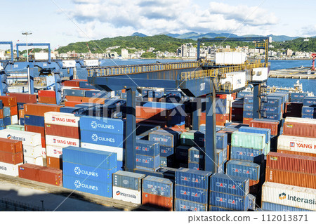 Panoramic view of the container yard and crane equipment at Port of Keelung, Taiwan. It's an international logistics company. 112013871