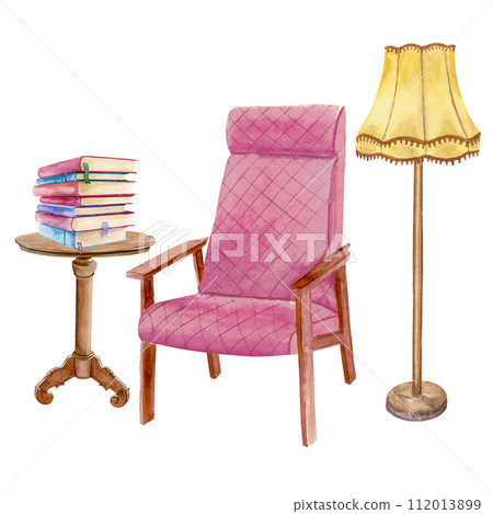 Watercolor composition of a soft pink chair, small book table with a stack of books and a yellow floor lamp Watercolor composition of a soft pink chair, small book table with a stack of books and a yellow floor lamp 112013899