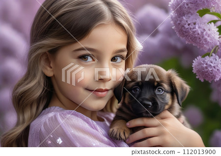 Tender moment as a little girl hugs a small brown puppy with care and affection on a lilac blossoms background at sunset. Tender moment as a little girl hugs a small brown puppy with care and affection on a lilac blossoms background at sunset. 112013900