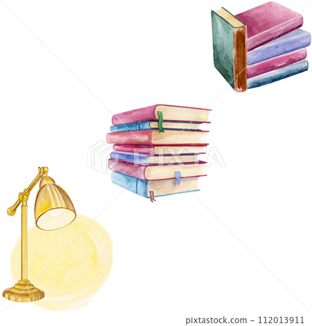 Nice cute and warm watercolor vintage books and desk lamp. From one passionate reader to all passionate readers all over the world Nice cute and warm watercolor vintage books and desk lamp. From one passionate reader to all passionate readers all over the world 112013911