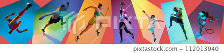 Football, tennis, jogger, fencing and martial arts sportsmen. Collage of athletic people in motion against multicolored background in neon light. 112013940