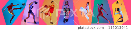 Banner. Collage of football, boxing, martial arts, volleyball and ski athletics in neon light against multicolored studio background. Banner. Collage of football, boxing, martial arts, volleyball and ski athletics in neon light against multicolored studio background. 112013941