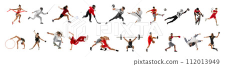 Banner. Multisport collage of competitive, strong, athlete people in motion against white studio background. Movement. Banner. Multisport collage of competitive, strong, athlete people in motion against white studio background. Movement. 112013949