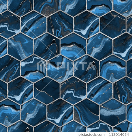 Blue hexagon seamless texture with silver. Abstract background. 112014054