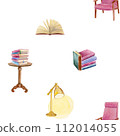 Watercolor seamless pattern composition of a soft pink chair, hardcover opened book, small book table with a stack of books and a yellow desk lamp 112014055