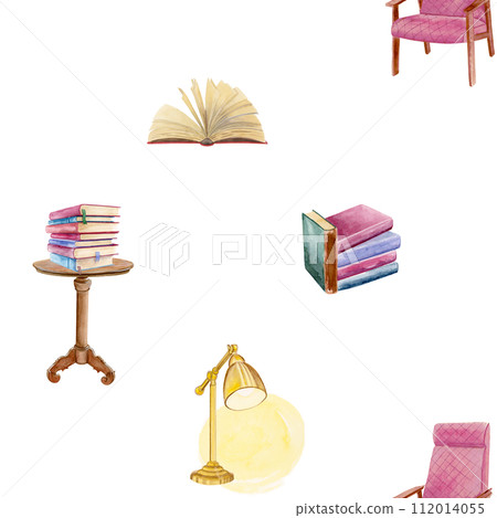 Watercolor seamless pattern composition of a soft pink chair, hardcover opened book, small book table with a stack of books and a yellow desk lamp Watercolor seamless pattern composition of a soft pink chair, hardcover opened book, small book table with a stack of books and a yellow desk lamp 112014055