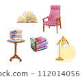 Watercolor composition of a soft pink chair, small book table with a stack of books, opened book with yellow pages and a yellow desk lamp 112014056