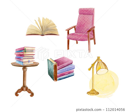 Watercolor composition of a soft pink chair, small book table with a stack of books, opened book with yellow pages and a yellow desk lamp 112014056