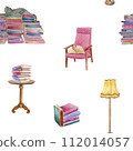 Watercolor seamless pattern composition of a soft pink chair with a hardcover opened book, small book table with a stack of books, yellow floor lamp and a pile of books with a cat on it 112014057