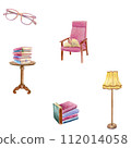Watercolor seamless pattern composition of a soft pink chair, hardcover opened book, small book table with a stack of books, pink glasses and yellow floor lamp 112014058