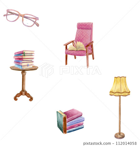 Watercolor seamless pattern composition of a soft pink chair, hardcover opened book, small book table with a stack of books, pink glasses and yellow floor lamp 112014058