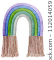 Knitted textile rainbow macrame pendant. Stylish hanging interior decoration. Hand drawn watercolor illustration 112014059