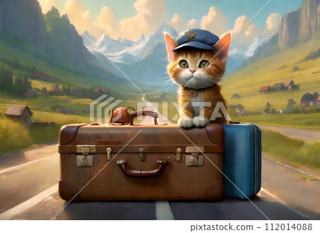 A beautiful young cat with suitcases stands on the road, the cat is a traveler. 112014088