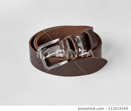 Custom dark brown leather belt with matte buckle and embossing 112014349