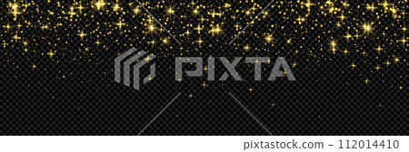 Gold magic glitter effect. Light shine texture. Shimmer overlay on transparent background. Stars and sparle granient. Vector rain illustration 112014410