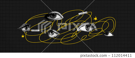 Black Plaid background with yellow tangled line and halftone effect eyes. Bright teenage concept. Vector modern trendy illustration Black Plaid background with yellow tangled line and halftone effect eyes. Bright teenage concept. Vector modern trendy illustration 112014411