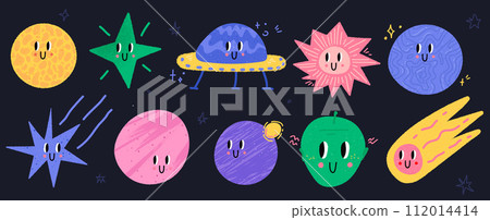 Space-themed set. Trendy doodle icons with textures. Vector contemporary illustration with elements for design. Vibrant colors 112014414