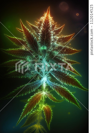 Cannabis leaf glowing in colorful volumetric light over dark background. Tshirt, print, poster design. Generative AI 112014525