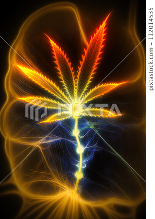 Cannabis leaf glowing in colorful volumetric light over dark background. Tshirt, print, poster design. Generative AI Cannabis leaf glowing in colorful volumetric light over dark background. Tshirt, print, poster design. Generative AI 112014535