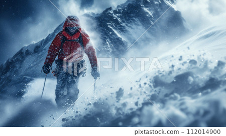 person climbing in a snowstorm 112014900
