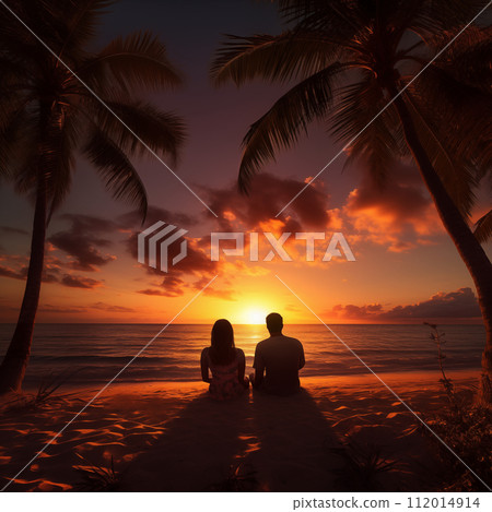 Romantic couple sitting on beach at sunset 112014914