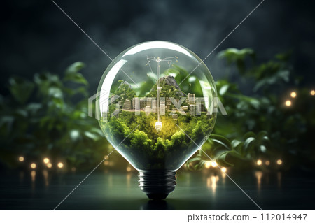 Green tree inside a light bulb Green energy 112014947