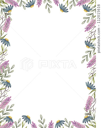 Abstract flowers vertical frame blue green and pink colors. Watercolor background with hand drawn illustration isolated on white for card design, template, print, web banner, invitation, holiday decor 112015616