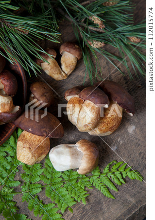 Imleria Badia or Boletus badius mushrooms commonly known as the bay bolete and Porcini mushroom commonly known as Boletus Edulis, clay bowl with mushrooms on vintage wooden background.. Imleria Badia or Boletus badius mushrooms commonly known as the bay bolete and Porcini mushroom commonly known as Boletus Edulis, clay bowl with mushrooms on vintage wooden background.. 112015774
