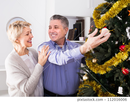 Mature vigorous couple decorate fir-tree for holidays of Christmas and New Year 112016006