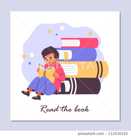 A boy reads a book leaning on a stack of giant books. 112016102