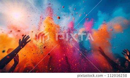 Vibrant images showcasing people throwing bright colored powders in the air during the Holi festival 112016238