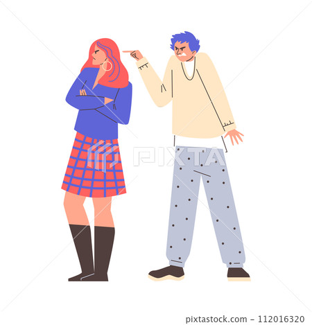 Young couple fighting and shouting, ignoring and points with finger, people arguing and yelling, vector cartoon conflict Young couple fighting and shouting, ignoring and points with finger, people arguing and yelling, vector cartoon conflict 112016320