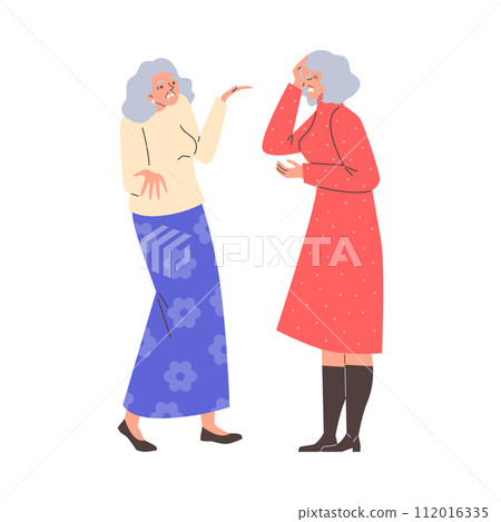 Angry elderly women fighting and shouting at each other, people arguing and yelling, vector cartoon old people conflict 112016335