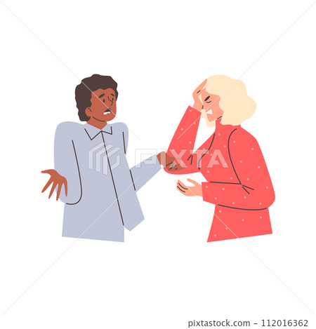 Angry couple fighting and shouting at each other, people arguing and yelling, vector cartoon unhappy family conflict 112016362