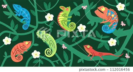 Seamless pattern with cute chameleons, butterfly and flowers in liana foliage, cartoon exotic tropical lizard and iguana Seamless pattern with cute chameleons, butterfly and flowers in liana foliage, cartoon exotic tropical lizard and iguana 112016456