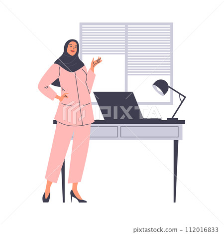 Woman office manager in hijab standing near the table with laptop, flat vector Muslim business female Islamic fashion Woman office manager in hijab standing near the table with laptop, flat vector Muslim business female Islamic fashion 112016833