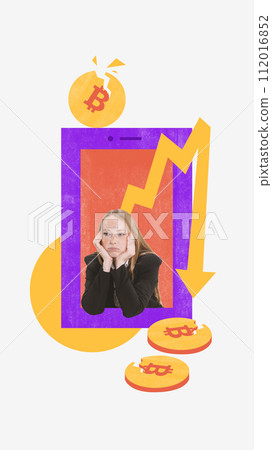 Modern aesthetic artwork. Pensive woman in black outfit looks at falling market arrow with golden broken coin icons around. Modern aesthetic artwork. Pensive woman in black outfit looks at falling market arrow with golden broken coin icons around. 112016852