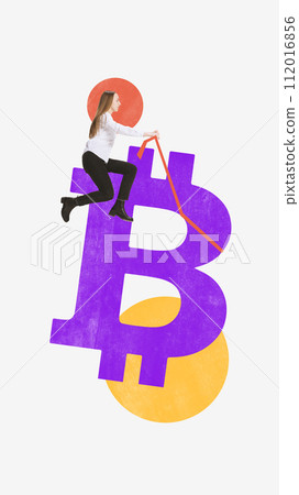 Contemporary art collage. Woman sitting on large currency sign and tries to level red fallen graph against white background with geometry shapes. 112016856