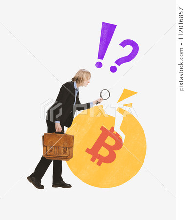 Contemporary art collage. Businesswoman with magnify researching, analyzing broken coin symbol. Market research. Contemporary art collage. Businesswoman with magnify researching, analyzing broken coin symbol. Market research. 112016857